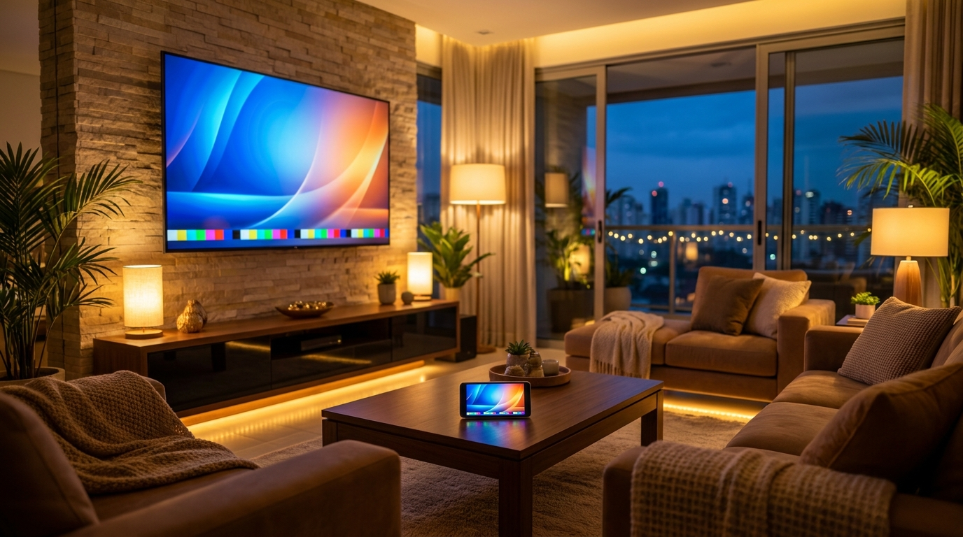 Sala de estar com uma Smart TV exibindo um canal de Web TV ao vivo