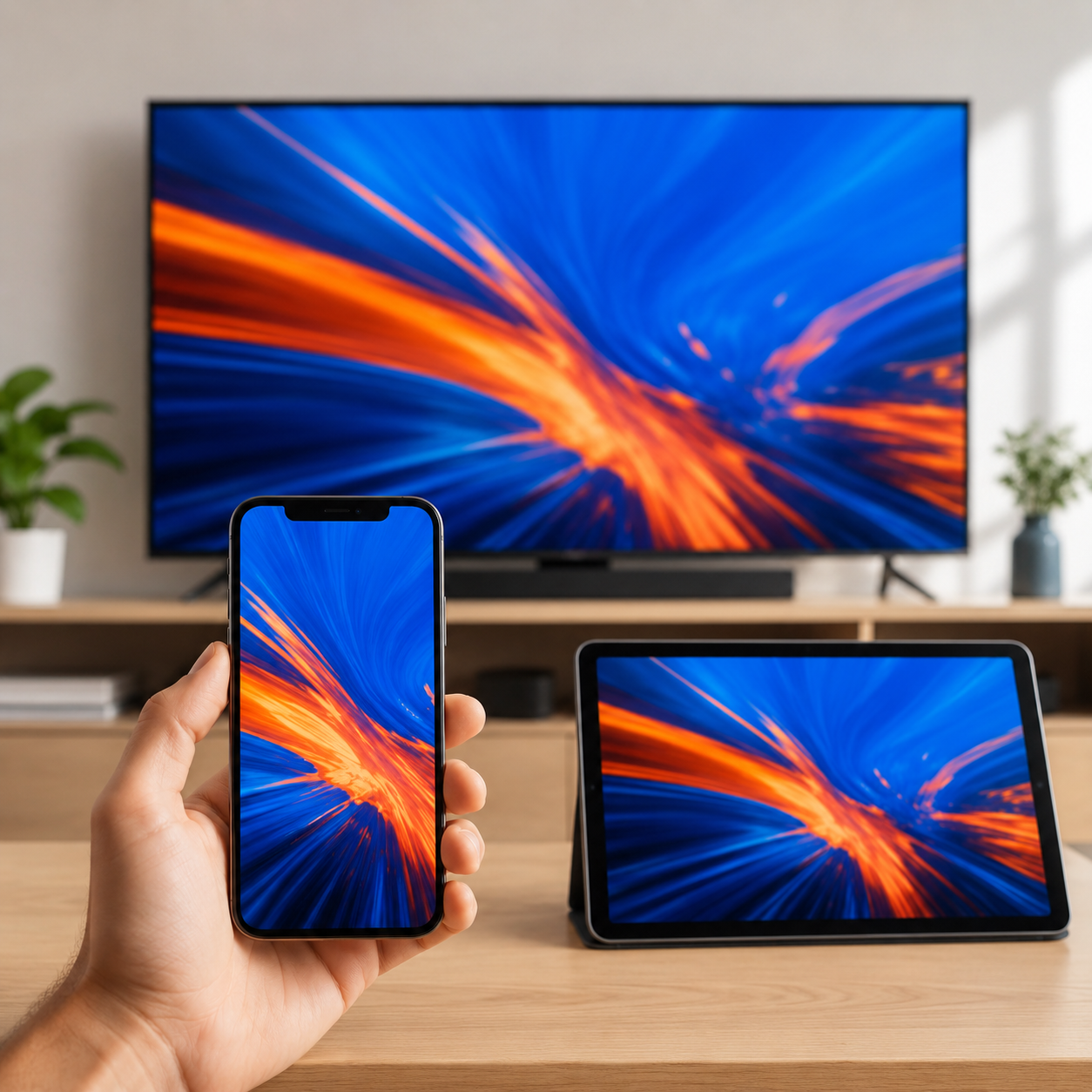 O mesmo canal sendo assistido no celular, no tablet e na Smart TV